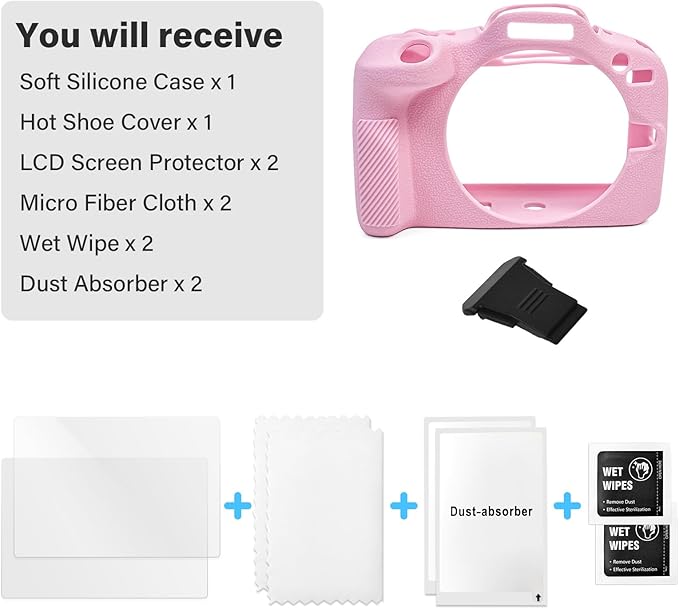 EOS R100 Camera Case Accessories Kit - Silicone Protective Case for Canon eos R100[Pink] & LCD Screen Protector for Canon R100[2 Packs] & Camera Hot Shoe Cover for R100