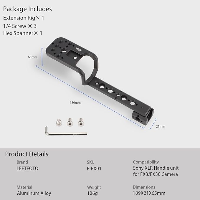 Leftfoto Handle Extension Rig Compatible with XLR Handle Unit for Sony Camera FX3 FX30,Extension Bracket Grip with Cold Shoe,NATO & 1/4"-20 and 3/8"-16 Threads
