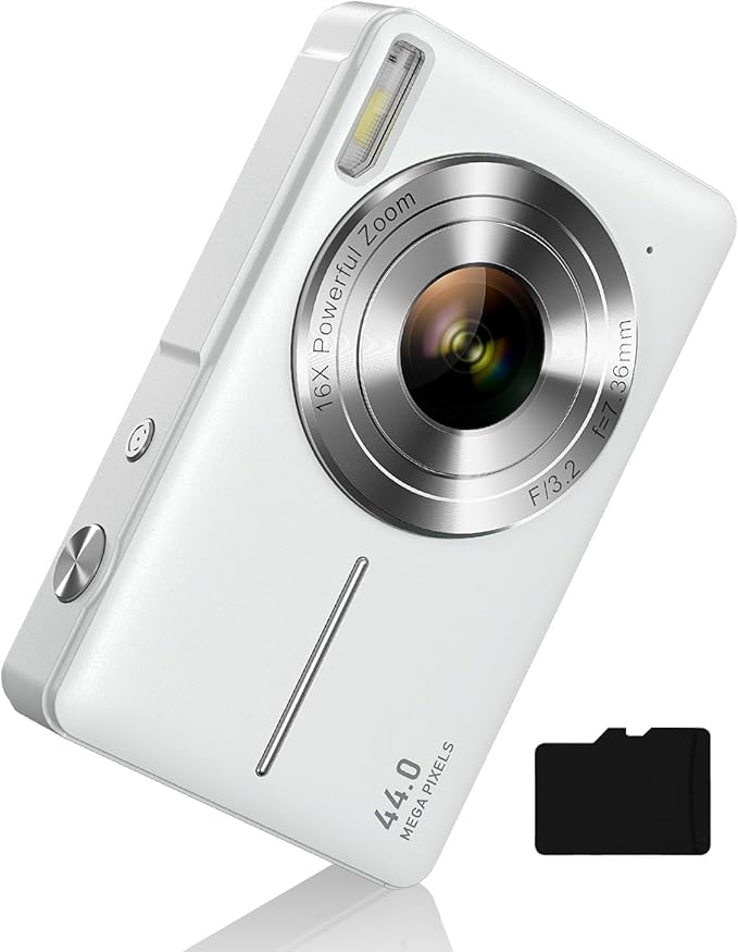 Camkory Digital Camera for Kids，Teens and Starters, FHD 1080P Point and Shoot Camera with 32GB Card 16X Zoom Anti Shake, Gift for Boys Girls Kids, White