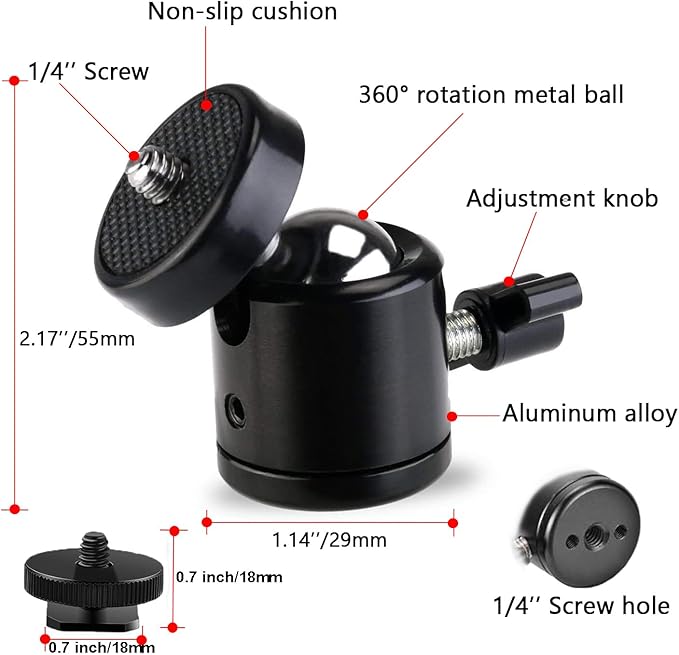 Universal 1/4" Swivel Mini Ball Head Screw Tripod Mount with Hot Shoe（2 Pack）, Eszkozta 360 Degree Rotating Mount Base Adapter for DSLR Cameras HTC Vive Tripods Monopods Camcorder Light Stand…