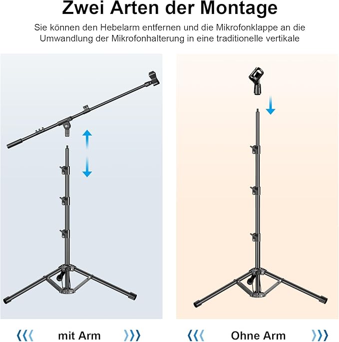 Microphone Stand, Tripod Boom Arm Floor Mic Stand Height Adjustable Heavy Duty with Carrying Bag 2 Mic Clips 3/8" to 5/8" Adapter for Singing Podcast for Blue Yeti Shure SM58 SM48 Samson Q2U