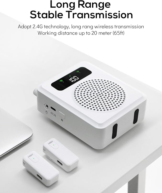 Wireless Voice Amplifier with Lavalier Microphones, Portable Voice Amplifier, Microphone with Speaker, Mini Megaphone with Clip on/Lapel Mic Teacher Microphone for Classroom Speech (White)