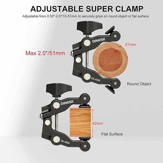 Super Clamp with Dual Ball Head Magic Arm, 1/4"-20 & 3/8"-16 Threads, Phone/Action Camera Mount Adapte for Desktop Tripod Canon Nikon DSLR Camera/Gopro/LED Lights/Ronin-M/Ronin MX/Freefly MOVI