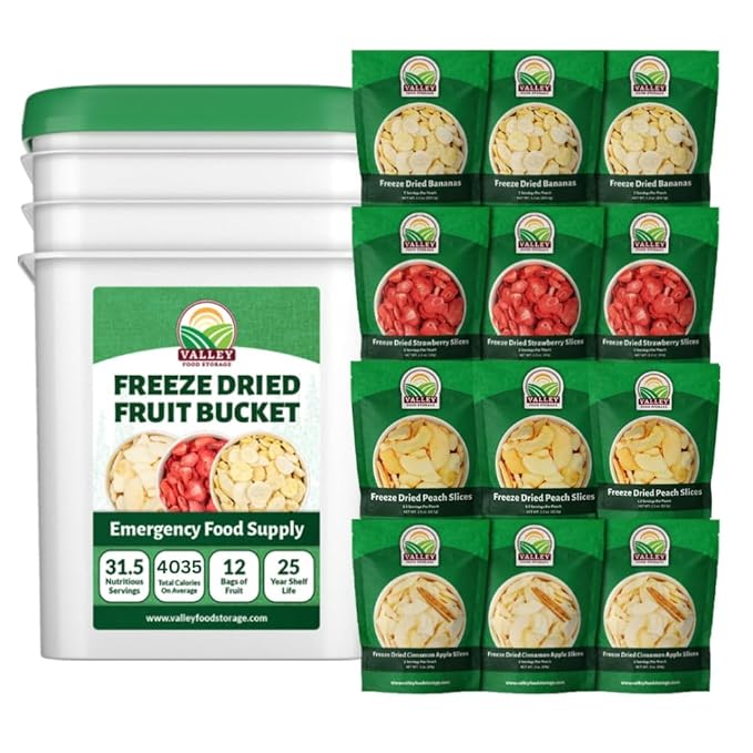 Freeze Dried Fruit Bucket, 12 Pouch | Premium Emergency Food Supply | Non-GMO Survival Food 25 Year Shelf Life | Camping Food, Backpacking Meals, Prepper Supplies | Valley Food Storage Packaged in USA
