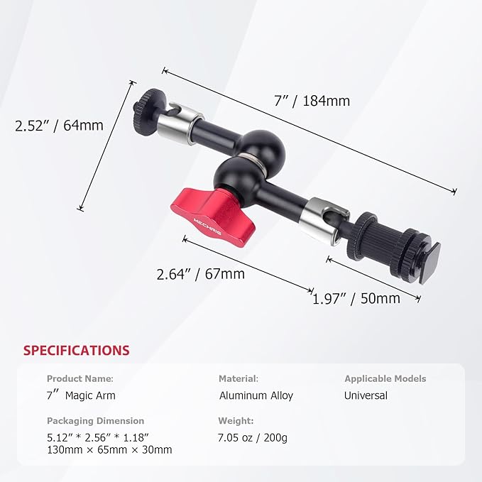 7" Cold Shoe Magic Arm with 360° Ball Joint & 1/4" Screw, Adjustable Stainless Steel Friction Arm for Camera Cage LED Light Microphone Monitor – DSLR Vlog Photography-87001