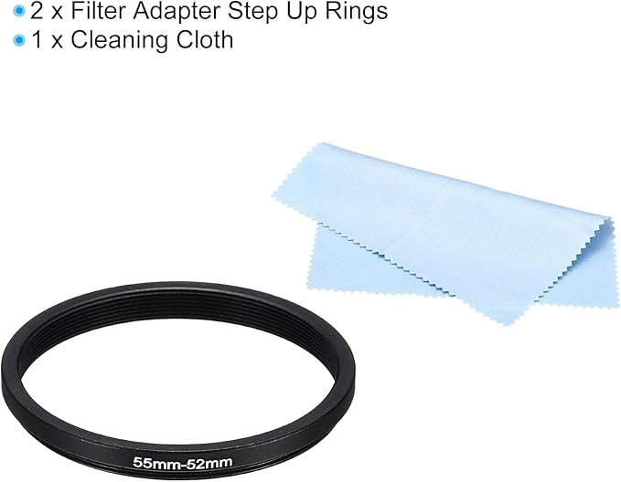 PATIKIL 55mm-52mm Metal Step Down Ring with Cleaning Cloth, 2 Pack Camera Lens Filter Adapter Ring Aluminum Filter Adapter Ring for Camera Lenses Hood, Black