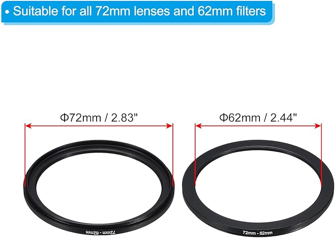 PATIKIL 72mm-62mm Metal Step Down Ring with Cleaning Cloth, 2 Pack Camera Lens Filter Adapter Ring Aluminum Filter Adapter Ring for Camera Lenses Hood, Black