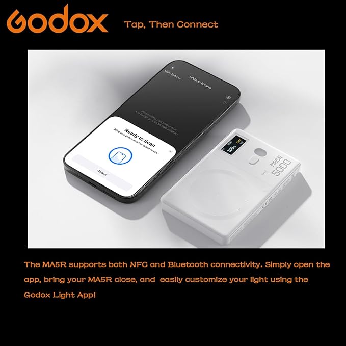 Godox MA5R Full-Color LED Light, Magnetic Selfie Light, CRI95 TLCI97, CCT 1800K–10000K, 14 FX Modes, HSI & GM Adjustment, NFC/Bluetooth Control, 0–100% Dimming, for YouTube/TikTok