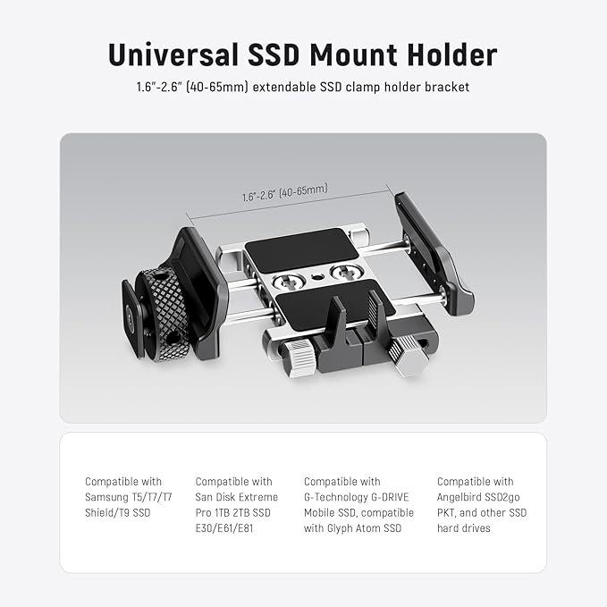 NEEWER Universal SSD Holder Mount Bracket with Cold Shoe/Cable Clamp, 1.6"-2.6" for T5 T7 T9 SSD, Compatible with SmallRig Cage for BMPCC 4K 6K, 15 Pro/15 Pro Max Phone Cage, UA059