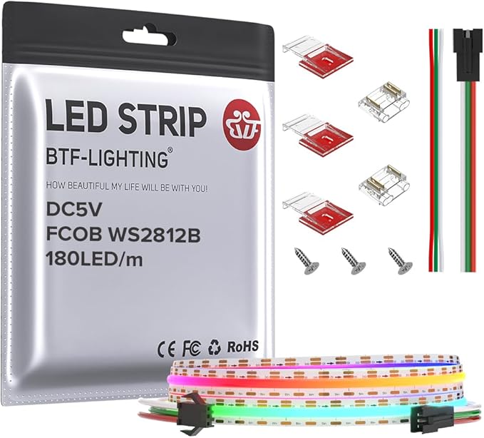 BTF-LIGHTING FCOB COB WS2811(WS2812B) IC RGB 180LED/m 180IC LED Strip DC5V 3.2FT Individual Addressable Flexible High Density Uniform Light Dream Chasing Color 10mm Width(NO Adapter or Controller)