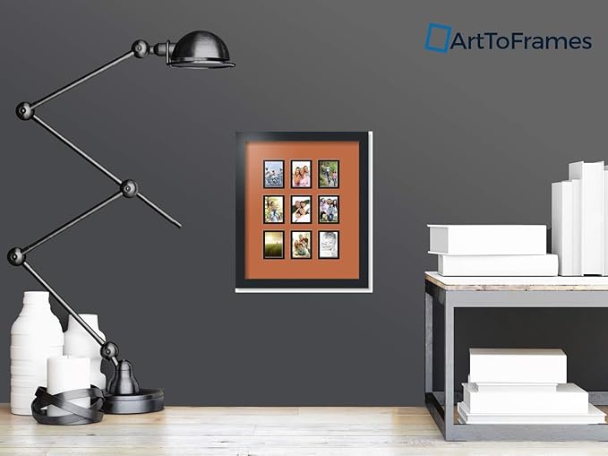 ArtToFrames Collage Photo Frame Double Mat with 9-2.5x3.5 Openings with Satin Black Frame and Red Orange mat.