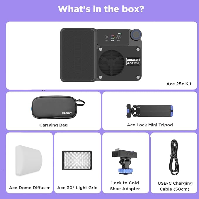 Amaran Ace 25c Kit RGB Video Light,25W On Camera Pocket Video Light CCT 2300k-10000k, 5,908 lux @ 0.5m Illumination,with Rechargeable Battery and PD Charging (Charcoal)