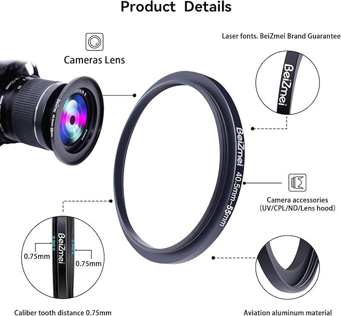 40.5mm to 55mm Camera Filters Ring,Filters Ring Compatiable All Brands Ø40.5mm Lens to Ø55mm UV ND CPL Camera Filter Accessory.Made of CNC.