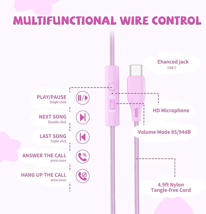 Kids Headphones Wired with USB C Plug, 85/94 dB Volume Limit, USB Type C Headphones for Kids Boys Girls, Foldable Stereo Sound Over Ear Wired Headphones for School/Tablet/Travel, Fuscia Pink