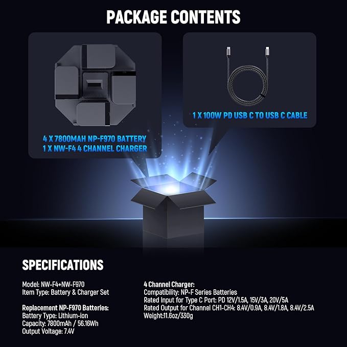 NEEWER NP-F970 4Pcs 7800mAh Replacement Batteries &100W PD 4 Channel OLED Fast Charger for NP-F550 NP-F750 NP-F970 Camcorder Battery, with 100W USB C Cable for Handycam NEEWER LED Light Monitor