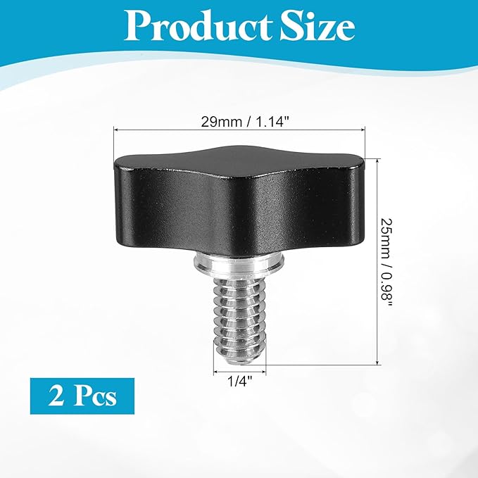PATIKIL Clamping Screw Knob 1/4" x 0.98", 2Pcs Aluminum Alloy t Shaped Camera Thumb Screws for DSLR Flash Bracket Light Stand Adapter Action Sports Camera Mounting System, Black