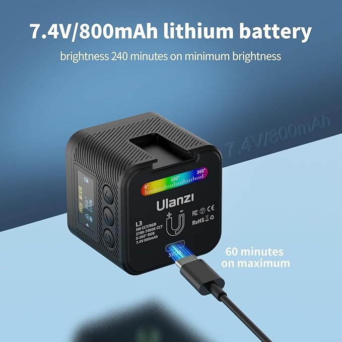 ULANZI L3 RGB LED Video Light, Magnetic Camera Lighting Kit 2700K-7000K Mini Cube COB Light Dimmable Photography Fill Light with Barndoor, Fresnel Lens Cold Shoe for Smartphone,Action,DSLR Camera