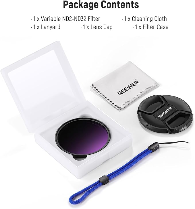 NEEWER 49mm Variable ND Filter with Lens Cap, Cleaning Cloth, ND2-32 (1-5 Stops) Precise Neutral Density Adjustment, Multicoated Optical Glass, Camera Photography Accessories