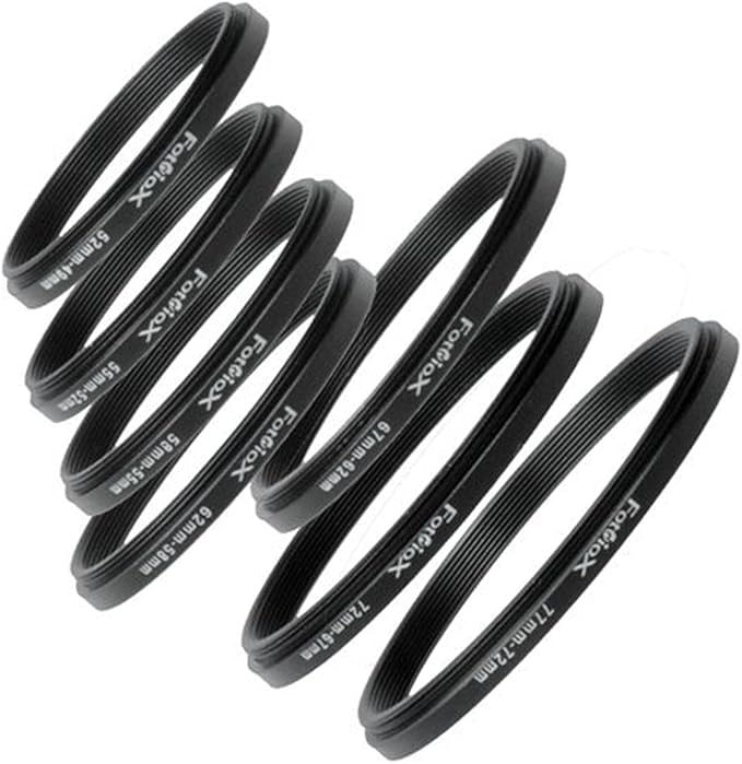 Fotodiox 7 Metal Step Down Ring Set, Anodized Black Metal. 77-72mm, 72-67mm, 67-62mm, 62-58mm, 58-55mm, 55-52mm, 52-49mm