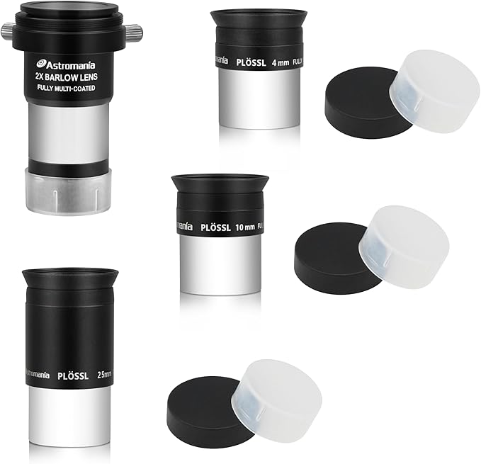 Astromania Telescope Accessory Kit Eyepiece Set with Three Plossl Eyepieces Including 4mm 10mm 25mm and Barlow Lens 2X, FMC Telescope Lense for 1.25 inch Astronomical Telescopes & Astronomy Filters