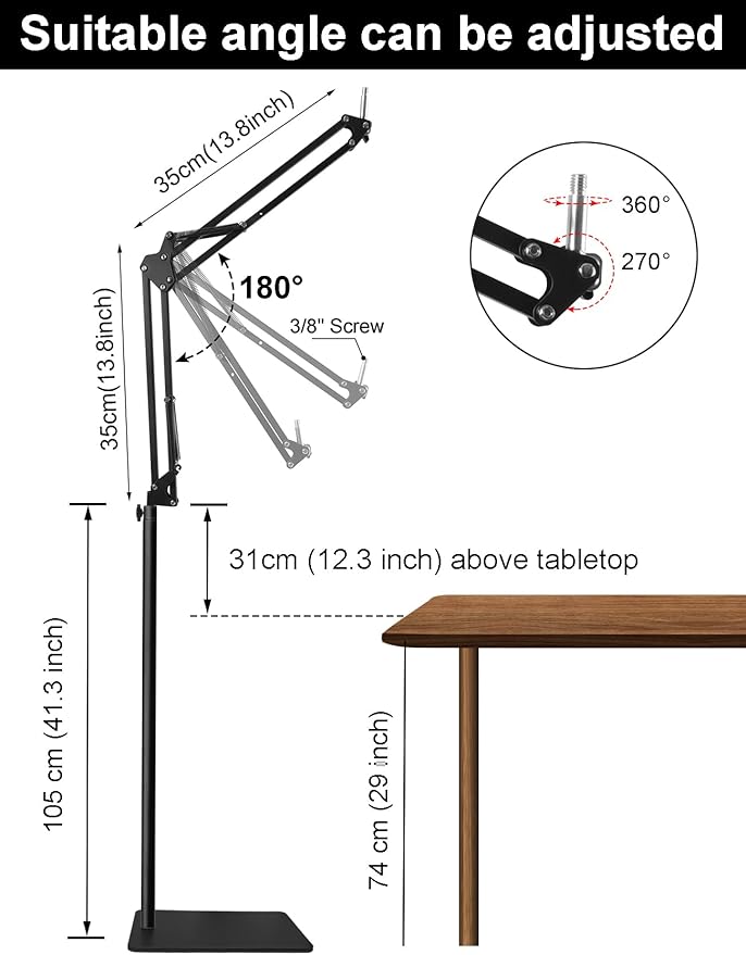 Mic Stand Floor Boom Arm for Blue Yeti, Nano, Snowball, HyperX QuadCast, SM7B MV7, Fifine K688 and More Mic, Floor Microphone Stand with 3/8" to 5/8" 1/4" Screw, Pop Filter Mic Clip Cable Ties
