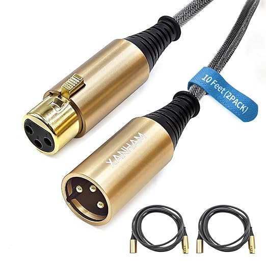 XLR Cable 10 Feet/3 Meter 2 Pack 3 Pin Microphone Female to Male Balanced Shielded Cable, Fibre Braiding with 22AWG Oxygen-Free Copper(OFC) Mic Cord for Speaker and Audio System