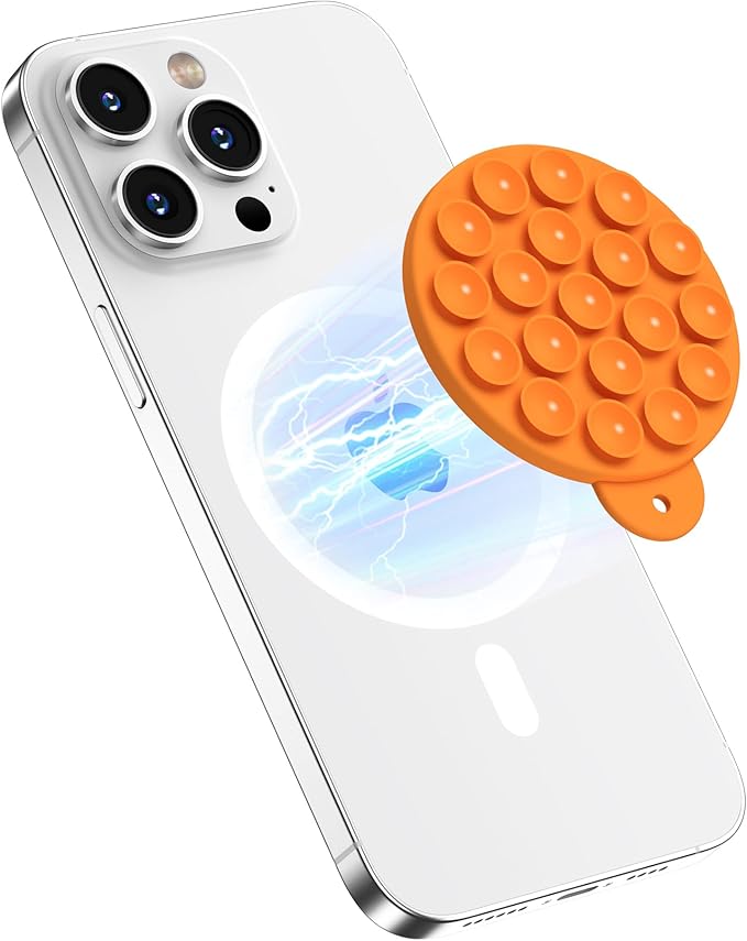 Magnetic Suction Cup Phone Mount with MagSafe, Silicone Hands-Free Grip Holder for iPhone Case and Android, Mirror Shower Phone Stand for Makeup FaceTime Gym Kitchen Bathroom, Orange