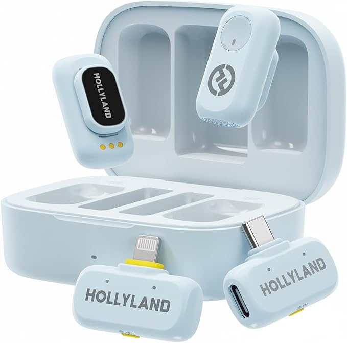 Hollyland Lark A1 Wireless Mini Microphone for iPhone & Android, 48kHz/24-bit, 3-Level Intelligent Noise Cancel, Microphone for YouTube, Podcast, Vlogging (Blue, 2TX + 2RX + Charging Case)