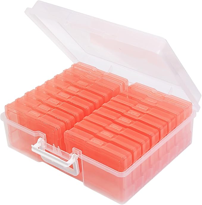 Naivees 4" x 6" Photo Storage Case with Handle, 16 Inner Photo Organizer Keeper, Extra Large Storage Picture Boxes, Seed Storage, Transparent Craft Keeper (Orange)