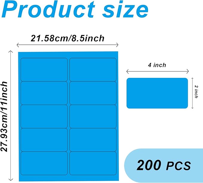 2" x 4" Colored Address Labels, 200 Bright Blue Label Stickers- Laser/Ink Jet Printer Mailing Labels, 8.5"x11" 20 per Sheet