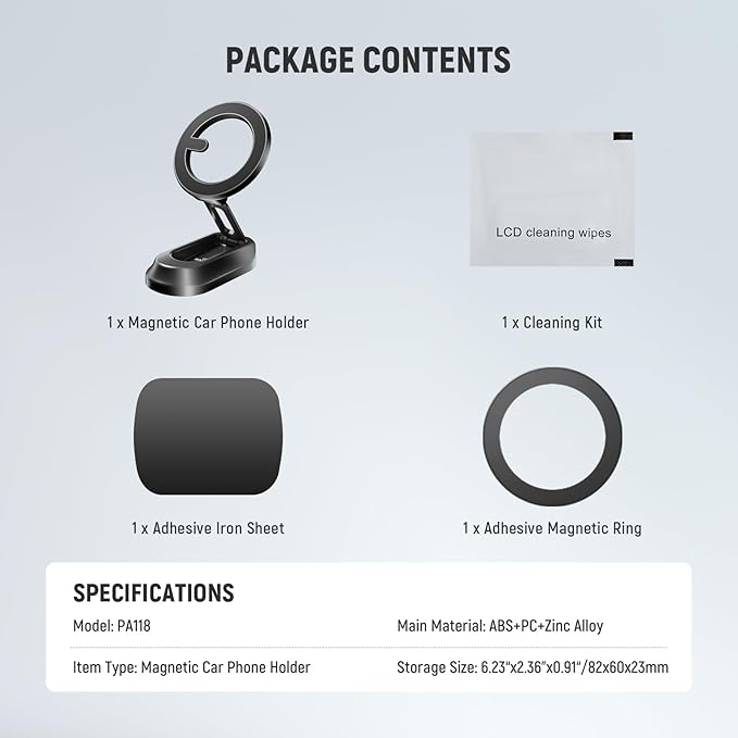 NEEWER Magnetic Phone Holder for Car, Dual Sided Magnet Cell Phone Mount Compatible with MagSafe iPhone, Car Stand Accessories for Dash Windshield Navigation Glass Gym Video Recording, PA118