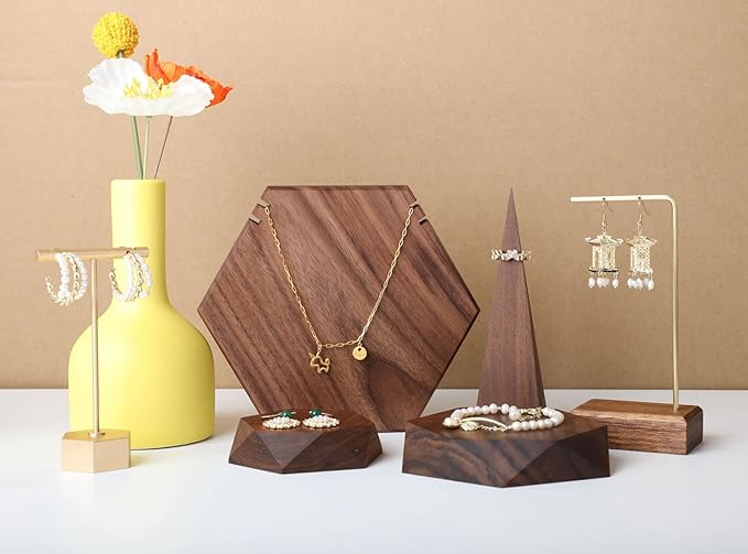 GemeShou brass earring display stands for selling, wooden ear ring holders for jewelry, single stud holder jewelry display【Walnut brass earring stand Height 5.31"】