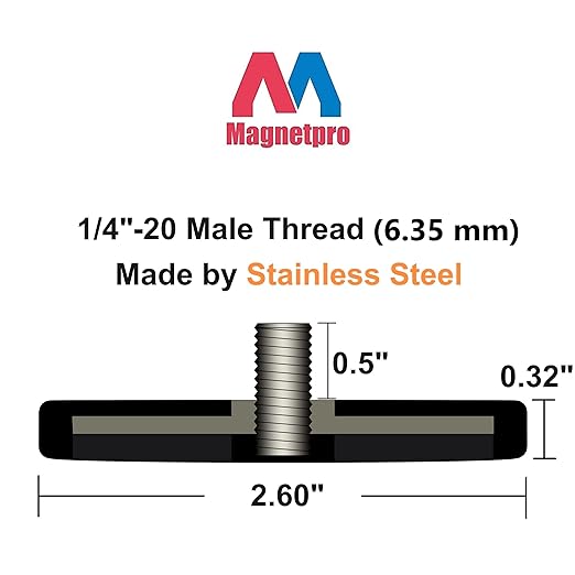 Magnetpro 2 Pieces Strong Rubber Coated Mounting Magnets Anti-Scratch & Anti Corrosion, Over 65 LB Adhesive Power, with 1/4"-20 Stainless Steel Male Thread and Nut for PTZ, Camera