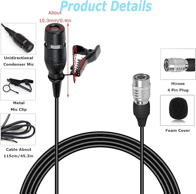 Black Lapel Lavalier Microphone Unidirectional Condenser Super Cardioid Mic Compatible with Audio-Technica Wireless Bodypack Transmitter System with Hirose 4 Pin Plug