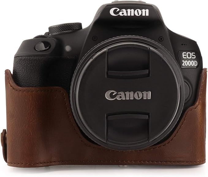MegaGear MG1608 Ever Ready Leather Camera Case compatible with Canon EOS Rebel T7 (18-55mm), 2000D (18-55mm) - Dark Brown