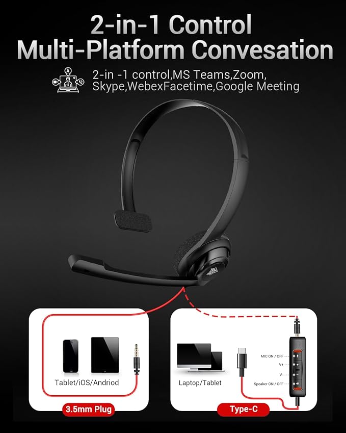 NUBWO HW02 USB C/3.5 Headset with Microphone,Computer Headset with in-line Mute & Volume Control,Wired Headset for Laptop,Skype,Zoom,Call Center,Meetings,Webinar,Home, Black