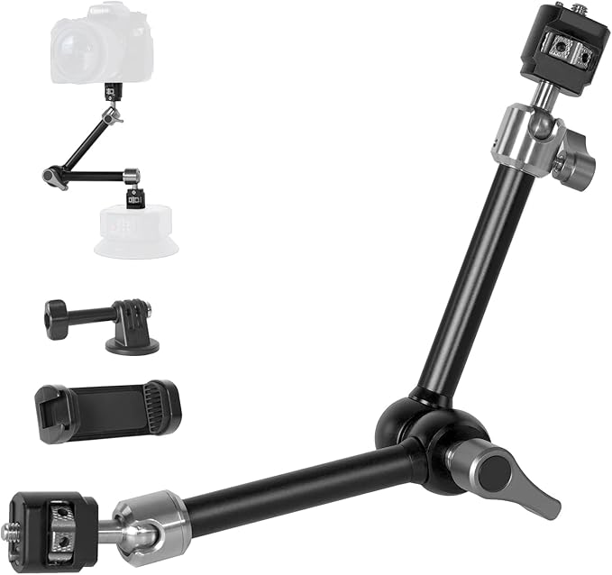 Heavy-Duty Articulating Magic Arm Mount with Super Clamp, 360° Dual Ball Head & 1/4" ARRI Locating Pin&Holes, Camera Monitor Mount for Action Camera Video LED Light (11" Magic Arm)