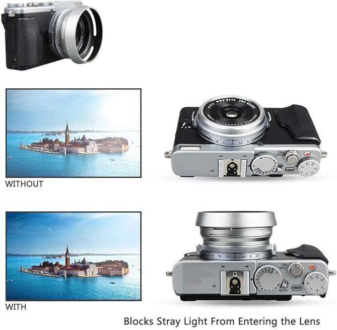 JJC LH-X100 Metal Lens Hood Sun Shade with 49mm Filter Adapter Ring for Fuji Fujifilm X100VI X100V X100F X100T X100S X100 Digital Camera(Not Fits Fujifilm Original Lens Cap), Silver Color