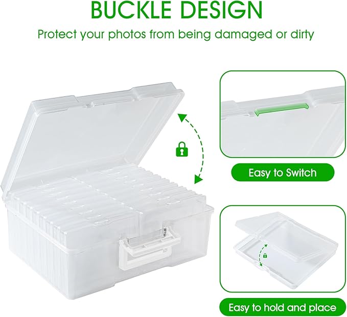 FAAYUCK Photo Storage Box 5 x 7 Inches, 18 Inner Extra Large Photo Boxes with Dividers, Clear Acid-Free Photo Storage Containers with Handle, Photo Organizer Craft Keeper for Photo, Craft, Stamp etc