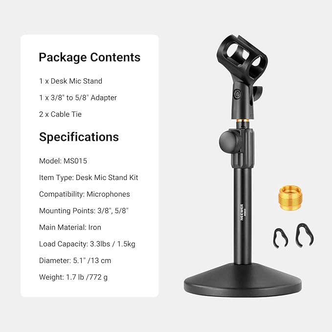 NEEWER Desk Microphone Stand, Adjustable Table Top Mic Holder Mount with Clip and 3/8" to 5/8" Adapter Compatible with Blue Yeti Snowball HyperX QuadCast SoloCast Shure, Max Load 3.3 lbs, MS015