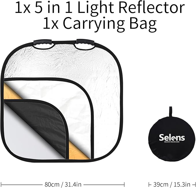 Selens 32 Inch Photography Reflector with Handle, 5 in 1 Collapsible Square Reflectors for Photo Studio Video Outdoor Accessories