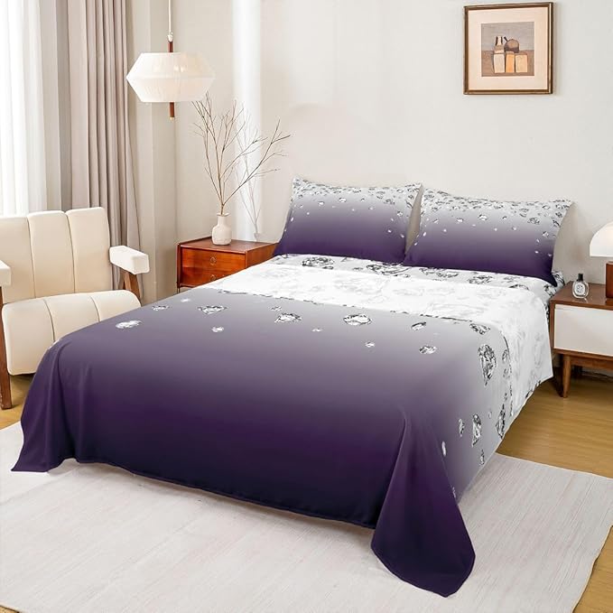 Erosebridal Purple Gradient Color Bed Sheets Set Purple Ombre Sheet Set Queen Size Modern Abstract Fitted Sheet for Adult Women Girls Gradient Diamond Flat Sheet Soft Lightweight Luxury Bedding