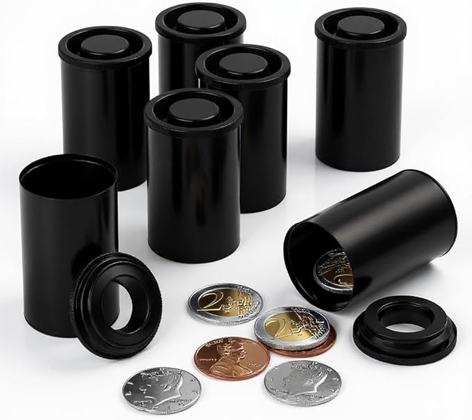 Houseables Film Canisters With Caps, Film Canisters, 35mm Case, Container With Lids, Cannisters For Rockets, Empty Camera Reel Holder, Bottles, Coin Storage, Black, Plastic, 8oz, 2"x1", 60 Pack, Bulk