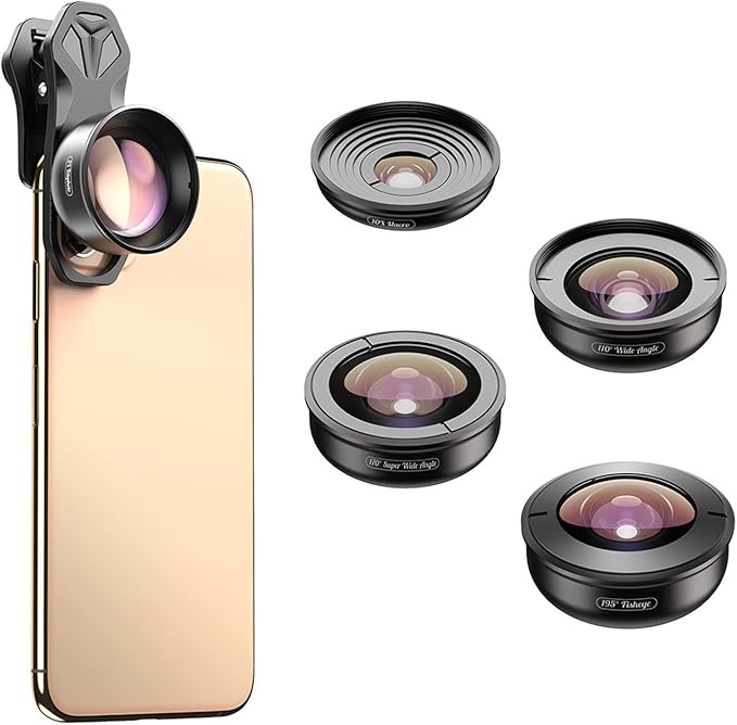 5 in 1 Phone Camera Lens Kit, 10X Macro Lens, 2X Telephoto Lens, 195° Fisheye, 110° Wide Angle, 170° Super Wide Angle, for Double Lens Single Lens Smart Phone