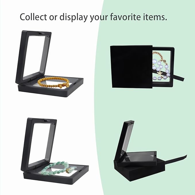 6Pcs Black 3D Floating Display Case Jewelry Storage Box Holder Stands Transparent Frame Gift Box Dustproof Stackable Coin Medals Earrings Necklaces Rings Bracelets Boxes