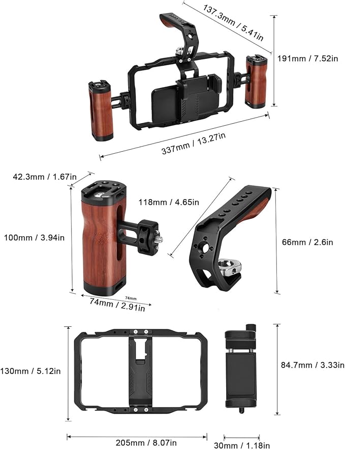 Smartphone Video Rig Kit Aluminum Alloy Dual Wooden Handle Phone Cage Kit Vlogs Videos Live Streaming Suit for Anyone