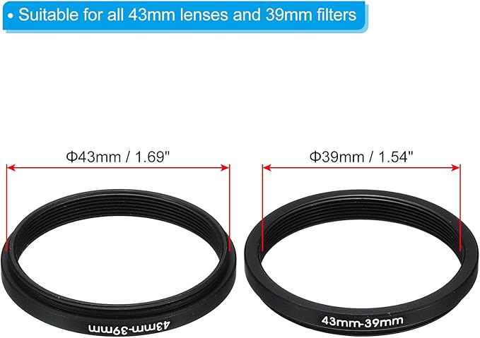 PATIKIL 43mm-39mm Metal Step Down Ring with Cleaning Cloth, 2 Pack Camera Lens Filter Adapter Ring Aluminum Filter Adapter Ring for Camera Lenses Hood, Black