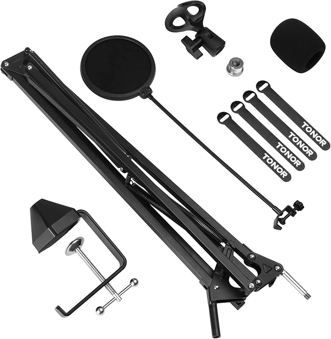 TONOR Microphone Arm Stand, Adjustable Suspension Boom Scissor Mic Stand with Pop Filter, 3/8" to 5/8" Adapter, Excellent Compatibility, Mic Clip, Upgraded Heavy Duty Clamp, 47cm+47cm, T30