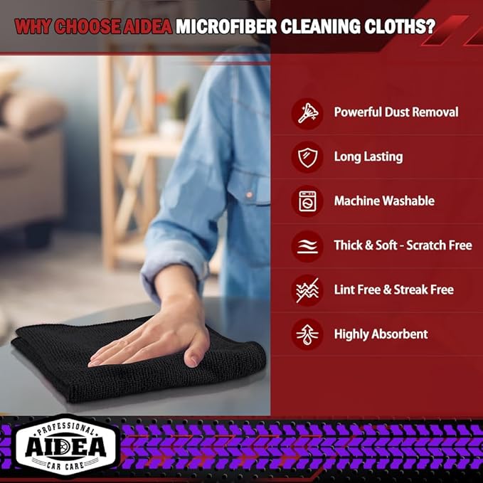 AIDEA Microfiber Cleaning Cloth Black 5PK, Microfiber Towels for Cars, Premium Car Cloths, Dusting Cloth Lint Free Cleaning Rags for SUVs, House, Kitchen, Window, Workshops,12×12"