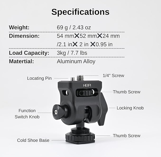 HEIPI Field Monitor Mount Holder Swivel 360° and Tilt 180° with Cold Shoe Mount, Holder for Field Monitor, LED, Flash and Video Shooting Photography Accessories, Max Load Capacity 7.7lbs